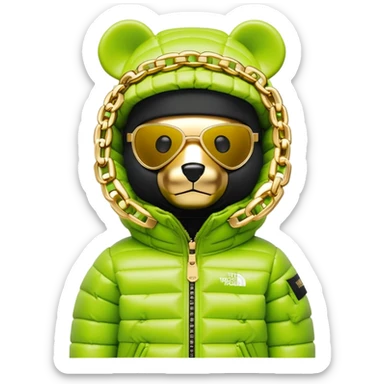 perfectly crafted bearbrick with authentic geometric shape, premium lime balaclava with professionally integrated dark visor lens, Supreme x North Face collaboration puffer jacket with luxurious fur trim, multiple detailed gold chains, ultimate collector's piece sticker