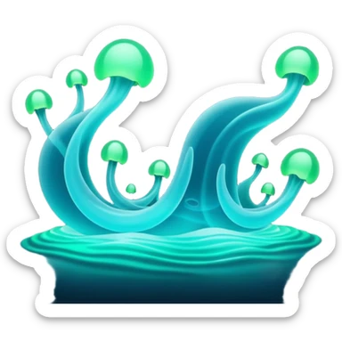 3D render of Plankton Wave, bioluminescent deep sea style, glowing neon blue and green lights, dark background to contrast the glow, translucent organic textures. sticker