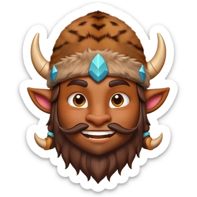 Cinematic Playful Barbarian Portrait Emoji, Head tilted with a cheeky grin and lively eyes, featuring a compact, stylized build in patchwork furs and a whimsical horned cap, Simplified yet irresistibly charming features, highly detailed, glowing with a warm, inviting glow, high shine, energetic and endearing, stylized with a touch of whimsical medieval mischief, soft glowing outline, capturing the essence of a playful barbarian that exudes friendly bravery! sticker