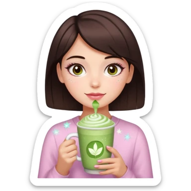 square framed profile picture of a girl with short dark brown hair and brown eyes, holding a matcha latte, with sparkles, skincare, and makeup elements, in pink soft girl aesthetics, apple emoji style sticker