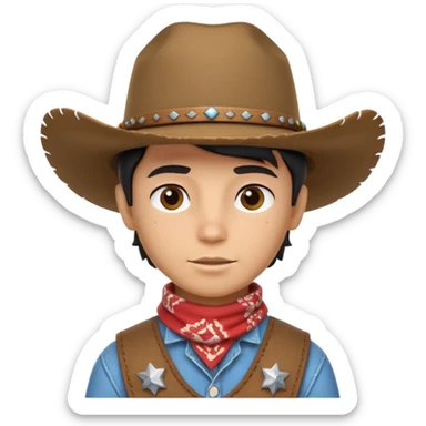 cute cowboy portrait, head and shoulders only, diverse skin tone, cowboy hat, bandana, western outfit collar, confident expression, 3D cartoon, mobile game icon style, clean background, no text, no watermark
 sticker