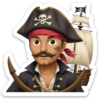 clash-of-clans-aesthetic_-cinematic-focused-pirate-bust-portrait-emoji, head slightly tilted with a determined, roguish expression and bold features, featuring a compact, spirited build with a jaunty hat and quirky bandana on tan skin, at the helm of a grand sailing ship complete with billowing sails and a tattered Jolly Roger flag fluttering dynamically in a tempestuous sea breeze. sticker