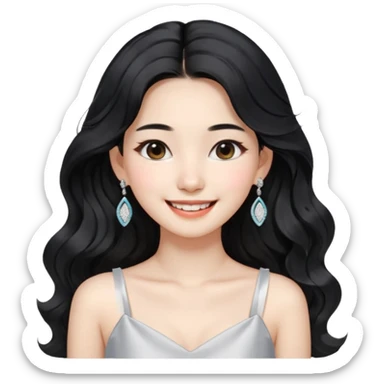 Korean 24-year-old female online shopping mall seller / white face / earrings / smiling expression / long wavy hair / influencer vibe / fashionable / black hair / silver earrings / white dress sticker