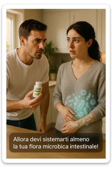 A hyper-realistic, cinematic photo of a young couple in their early 30s having a tense but calmer discussion in a bright modern kitchen. The man, fit, wearing a plain white T-shirt, holds a small probiotic supplement bottle in one hand, leaning slightly forward with a concerned yet firm expression, saying: 'Allora devi sistemarti almeno la tua flora microbica intestinale!' The woman, with dark hair in a loose ponytail, wearing a comfortable home sweater, stands with arms partially crossed, looking at him with a doubtful and confused expression, eyebrows slightly raised, lips parted as if about to respond but uncertain. Around them, faint translucent overlays of microscopic gut flora and bacteria symbols swirl softly near the woman’s abdomen, symbolizing the issue of her imbalanced gut microbiome. The kitchen is bathed in warm natural light, with green plants adding a sense of health and life, while the couple remains in sharp focus. The color palette is warm, with soft shadows and shallow depth of field highlighting the emotional tension yet care in the conversation, visually representing the discussion about gut health within the relationship sticker