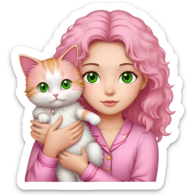 A girl with green eyes and highlighted fluffy hair in pink pajamas holds a Thai cat sticker