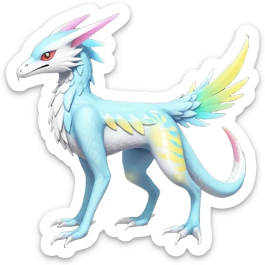Colorful scaly flurry colorful iridescent shiny bioluminescent translucent luminescent neon pastel edgy cool bright pale dark edgy Latias-Sergal-Vernid-Lombax-Renamon-Zeraora-Bastet-Fakémon-hybrid-fusion-creature, full body sticker