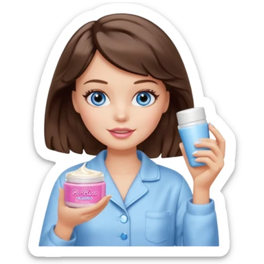Barbie girl with makeup, blue eyes , and bob long haircut wavy, short brown hair in creamy color pajamas, face cream in hand sticker