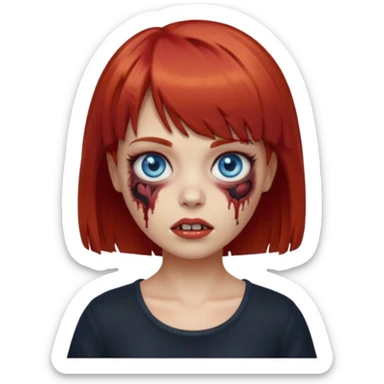 Zombie girl emoji with short red hair and bangs. Blue eyes, fair skin, and a black top. sticker