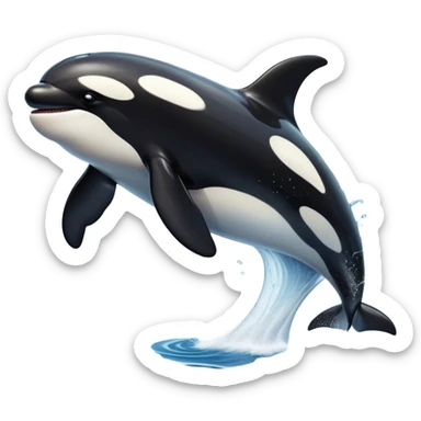 Meme-Worthy Breaching orca Portrait Emoji, Bursting powerfully out of the ocean with an impressive, high-energy leap, showcasing a sleek black-and-white body glistening with water droplets and dynamic, arched posture, Simplified yet exhilaratingly expressive features, highly detailed, glowing with a vibrant marine energy, high shine, bold and full of life, stylized with an air of untamed ocean spirit, soft glowing outline, capturing the essence of an orca mid-breach, radiating pure, unstoppable aquatic power! sticker