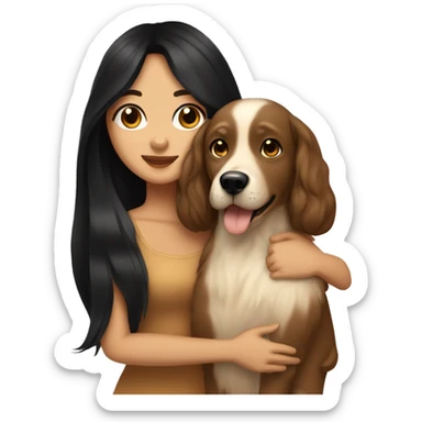 pretty woman with very long black hair and caramel skin hugging a beige dog sticker