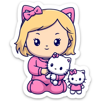 Blonde girl wearing pink Hello Kitty pajamas with two ragdoll cats sticker