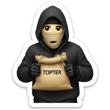 Thief stealing a bag of money that has the word Toptier embroidered on it sticker