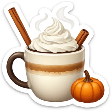Steaming coffee Mug with whipped Cream and cinnamon Dust on Cream.  Small Punkin and 3 sticks of cinnamon next to mug sticker