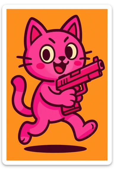 cute pink cat holding a pink gun, bold outlines, bright pinks, energetic pose sticker
