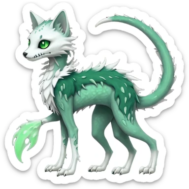 Kawaii spectral spooky dark bleak blackish swampy white-skeletal gloomy ghostly dark greyish dark-deep-greenish foggy eldritch beautiful realistic edgy fantasy ghoul-like stitched feline-vernid-sergal-fursona animal creature with a tufted tail full body with intricate markings  sticker