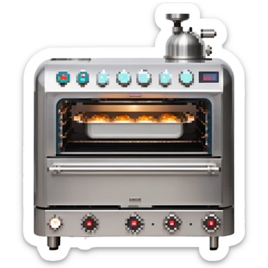A robotic baker with stainless steel limbs, built-in mixers, and a retro-futuristic oven. The environment is industrial-chic: brushed metal surfaces, LED panels, and mechanical arms. UI mimics control panels with toggle switches, rivets, and analog dials. sticker