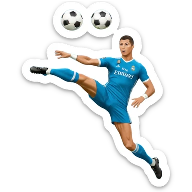Ronaldo doing a bicycle kick with football in mid air While wearing a Retro blue Real madrid kit and yes i want it to be exactly the same as he Scored it in 2018 vs Juventus  sticker