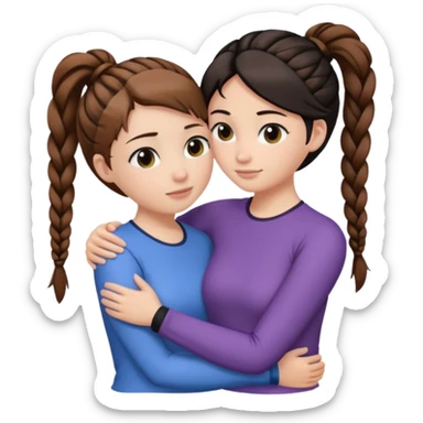 Comforting Hug two white skin women, one shorter woman with brown hair in top ponytail, not braided, and one taller woman with black hair in long side braid sticker