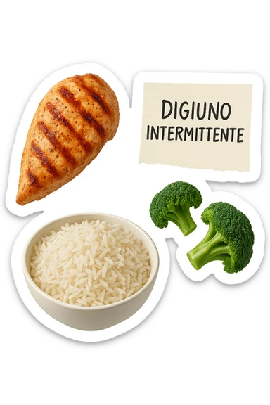 petto di pollo grigliato, bowl di riso basmati e broccoletti fluttuano in aria insieme ad un foglio con la scritta "DIGIUNO INTERMITTENTE", iperrealistico 4k sticker