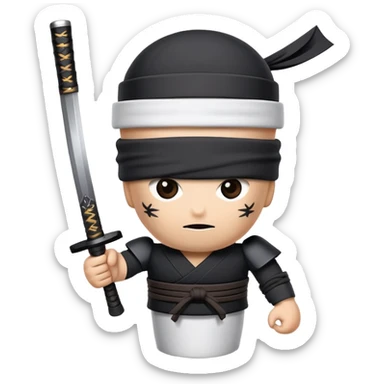 A paper coffee cup with arms and eyes, wearing a black ninja headband and wielding a samurai katana sticker