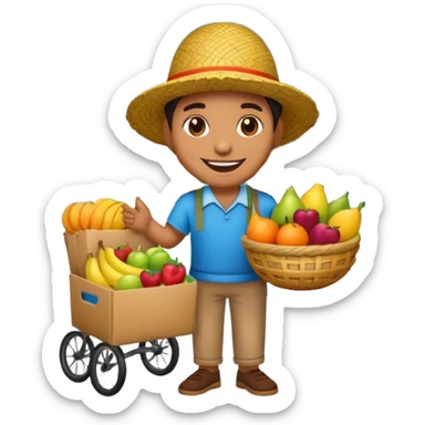 3D emoji illustration of a Peruvian street vendor, selling fruits and snacks on the sidewalk, smiling, urban neighborhood in background, bright colors, cartoon style, bold outlines, glossy sticker, transparent background sticker