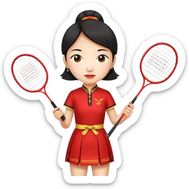ancient geongsam girl with 1 badminton racket, red sticker