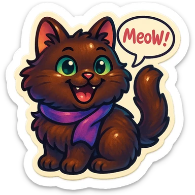 Fluffy cute derpy silly smiling happy dark-brown cat with green eyes and a purple scarf saying ‘mEoW~!’ (With a speech bubble) sticker