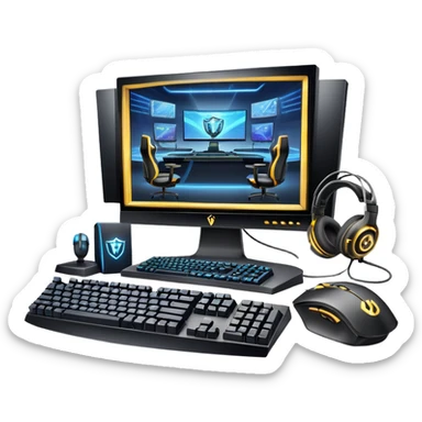 An icon featuring a gaming setup with a high-tech monitor displaying a competitive game, a keyboard, and a gaming mouse. The design includes a headset and a trophy, symbolizing victory and skill in esports. Transparent background highlights the energy and precision of professional gaming. sticker