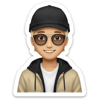 Portrait of a male K-pop idol, wearing a stylish streetwear outfit with layered clothing, makeup, wearing a black cap, happy, sunglasses sticker