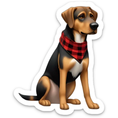 75% Coonhound 25% German Shepherd mix dog wearing small pointed red buffalo plaid bandana side view full body facing left sticker