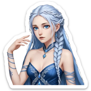 A cold and formidable female Fae with piercing steel-blue eyes, her gaze sharp enough to cut. Her long, silver-streaked hair is swept into a loose yet elegant braid. Dressed in a dark, form-fitting gown with intricate silver embroidery, she exudes an aura of untouchable power. Her fingers rest lightly on the hilt of an obsidian dagger, the only outward sign of the warrior within sticker