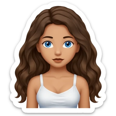 Girl with olive skin, blue eyes, brown dark insanely wavy long hair, white camisole, arms in an x  sticker