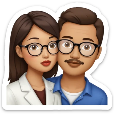 Fashion designer Asian American woman no glasses kissing a white guy with brown hair and only the white guy has beard stubble and glasses sticker