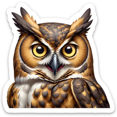 Cinematic Comical Great Horned Owl Portrait Emoji, Head tilted dramatically with an exaggeratedly amused expression, featuring a strikingly patterned mottled plumage with bold contrasts, wide, expressive golden eyes filled with playful disbelief, Simplified yet hilariously expressive features, highly detailed, glowing with a slightly sassy glow, high shine, dramatic yet playful, stylized with an air of cheeky nocturnal mischief, bright and endearing, soft glowing outline, capturing the essence of a spirited and over-the-top owl, so meme-worthy it feels like it could hoot its way into internet fame instantly! sticker