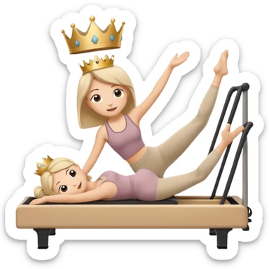 Cute sticker emoji of a “Pilates Princess” doing Pilates on a reformer machine. She is wearing beige activewear with a tiny crown. Soft kawaii style, round shapes, happy face. White outline, vector, transparent background. sticker