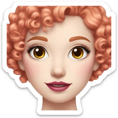 Girl with very pale skin, with bright red pixie cut curly hair, heavy eye makeup, cat eyeliner, long eyelashes, bright pink blush and bright pink lipstick  sticker