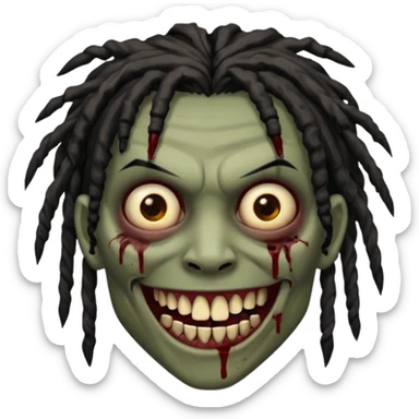 zombie with brown skin, messy black dreads hair, wide centered brown eyes, dark bloody marks under the eyes, and a smile showing crooked teeth grillz, giving a distressed, undead look. sticker