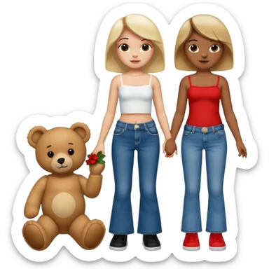 A boy and a girl teddy bear for the boy bear put on true religion shirt and jeans with black shoes and for the girl put flare jeans and a red tube top and white shoes just bears not the humans  sticker