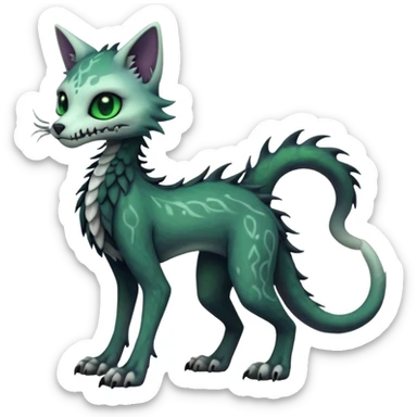 Scaley Kawaii spectral spooky dark bleak blackish swampy white-skeletal gloomy ghostly dark greyish dark-deep-greenish foggy eldritch beautiful realistic edgy fantasy ghoul-like stitched feline-vernid-sergal-fursona animal creature with a tufted tail full body with intricate markings  sticker