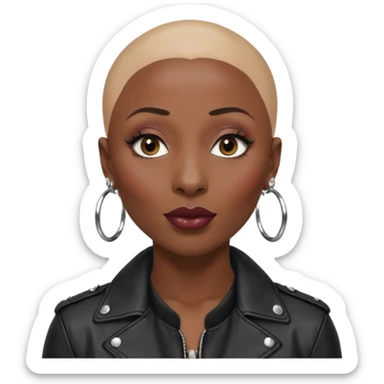 Grown black (proud) woman, bald with a perfect head, a prominent nose with a septum piercing, many piercings on her ears, a gap between her front teeth and very long nails (cynthia erivo) a proud lesbian, with long lashes and glam makeup sticker