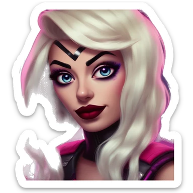 Synthwave Jasmine in Harley Quinn style, oil paint, mysterious eyes, intricate lips, masterpiece portrait, odd perspective, beautiful, desirable, logical sticker