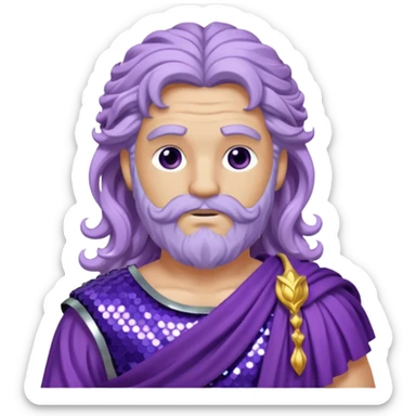 Zeus from Roman Deities with long lilac wavy hair, purple sequin toga sticker