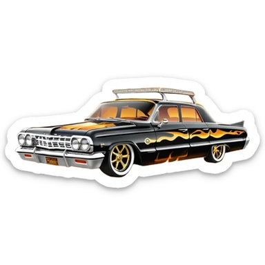 Satan’s streamlined Hot rod custom 1964 impala low rider four door Anubis themed painted hood flaming side-mounted under-door chrome exhaust pipes driving straight to hell  sticker