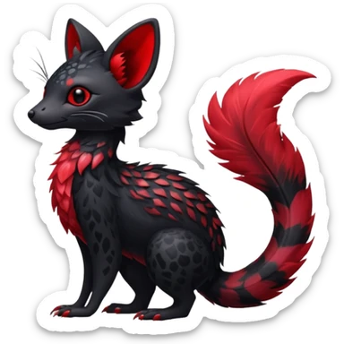 Feral Rare Fantasy shiny soft fuzzy furry vibrant tropical obsidian-black and crimson-red Vernid-Trico-species-creature by LiLaiRa, random markings, tufted tail, tufted ears, full body sticker