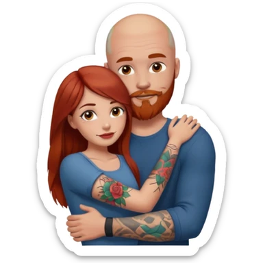 The girl has no tattoo, long brown haired, brown eyed pretty girl, hugging a strong guy that is bald with a red beard and a sleeve of tattoos in jail sticker