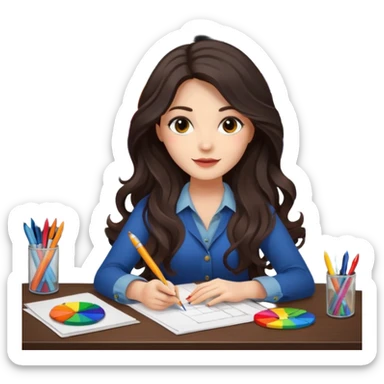 female dark wavy long hair graphic designer , color wheel, pens, papers , desktop sticker