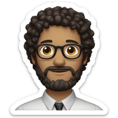 White man with brown eyes and dark curly hair with glasses and a beard wearing ario bros sticker