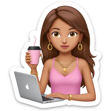 a pretty fair indian bratz girl with brown hair. with a pink cami top, drinking takeaway brown coffee, golden dainty necklace and carrying a white laptop sticker