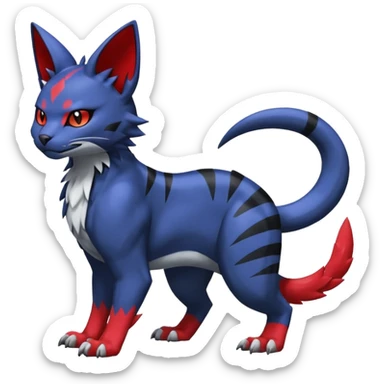 midnight blue-gray-black, with red markings, white belly, scaley scaly batty feline-like quadrupedal digitigrade furry feral Bastet-Noibat-Gatomon-Garchomp-Digimon-Fakémon-Pokémon-creature (full body) sticker