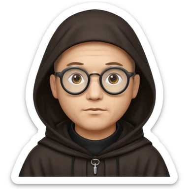 Monk priest prayer black habit with hood round black glasses done light brown wavy hair under hood  sticker